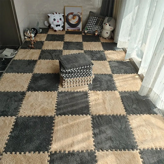 48PCS Dual-Color Interlocking Bedside Carpet Tiles for Bedroom Bay Window Mats Insta-Style Foam Pads - Cuttable & Washable