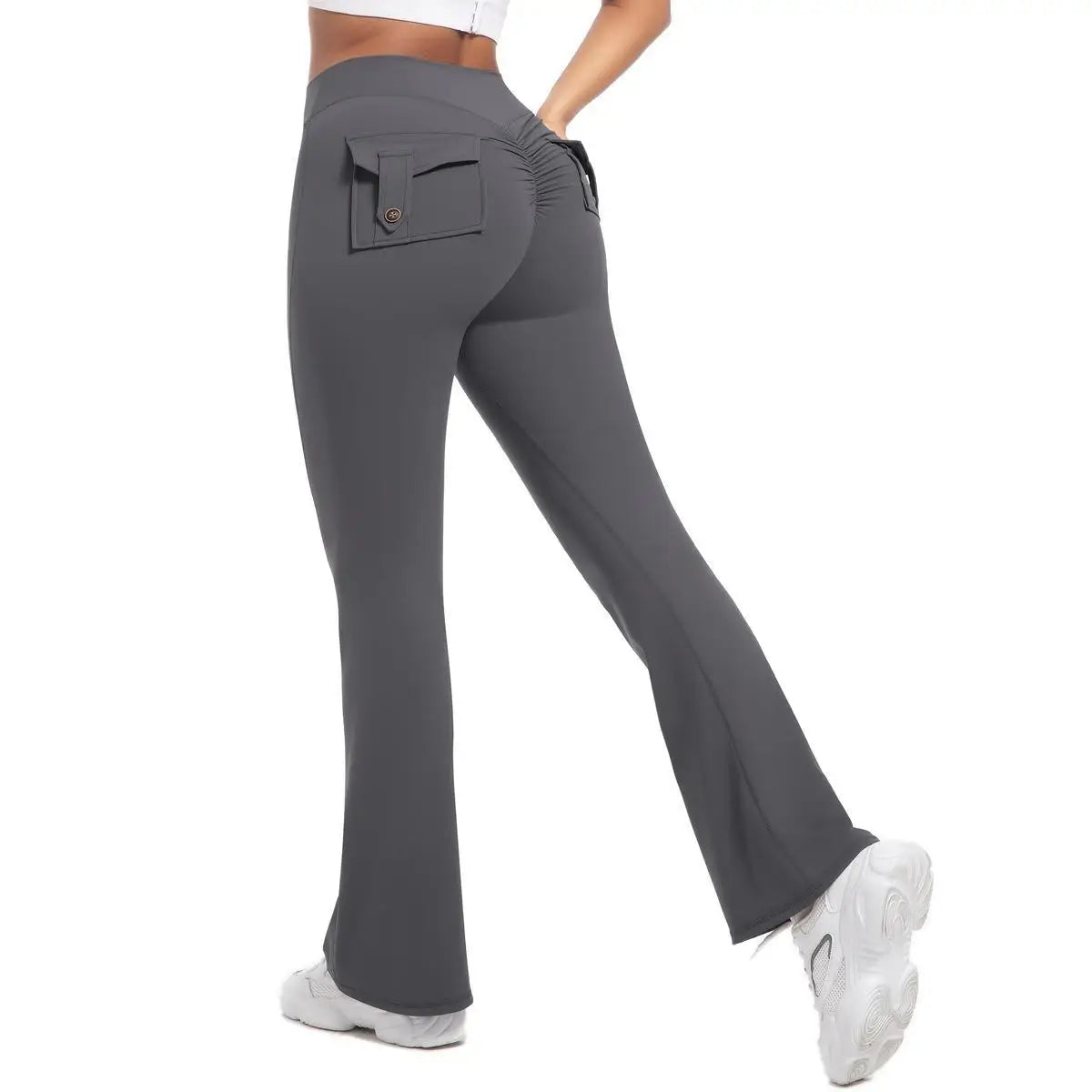 Women's Yoga Flare Trousers, High-Waisted Tummy-Control Wide-Leg Trousers Outdoor Casual Leggings with Pockets, Gym Workout Trou