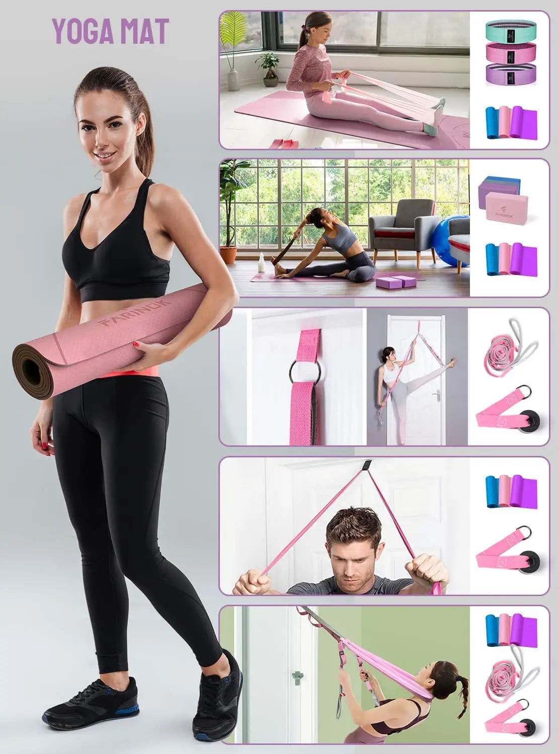 Thick Yoga Mat Set for Beginners with Strap, Blocks, Resistance Bands & Door Anchor - Non-Slip, High Density