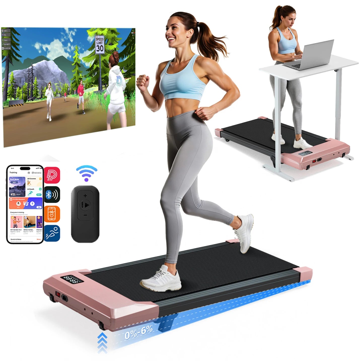 Foldable 6% Slope Under Desk Treadmills 2.5 HP Quiet Walking Pad Portable Remote Control LED Display 300LBS Exercise Walkingpad