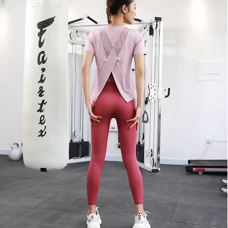 New Hem Opening Sports Tops Women Loose Quick-Dry Yoga T-Shirt Sexy Backless Net Yarn Patchwork Running Training T Shirts