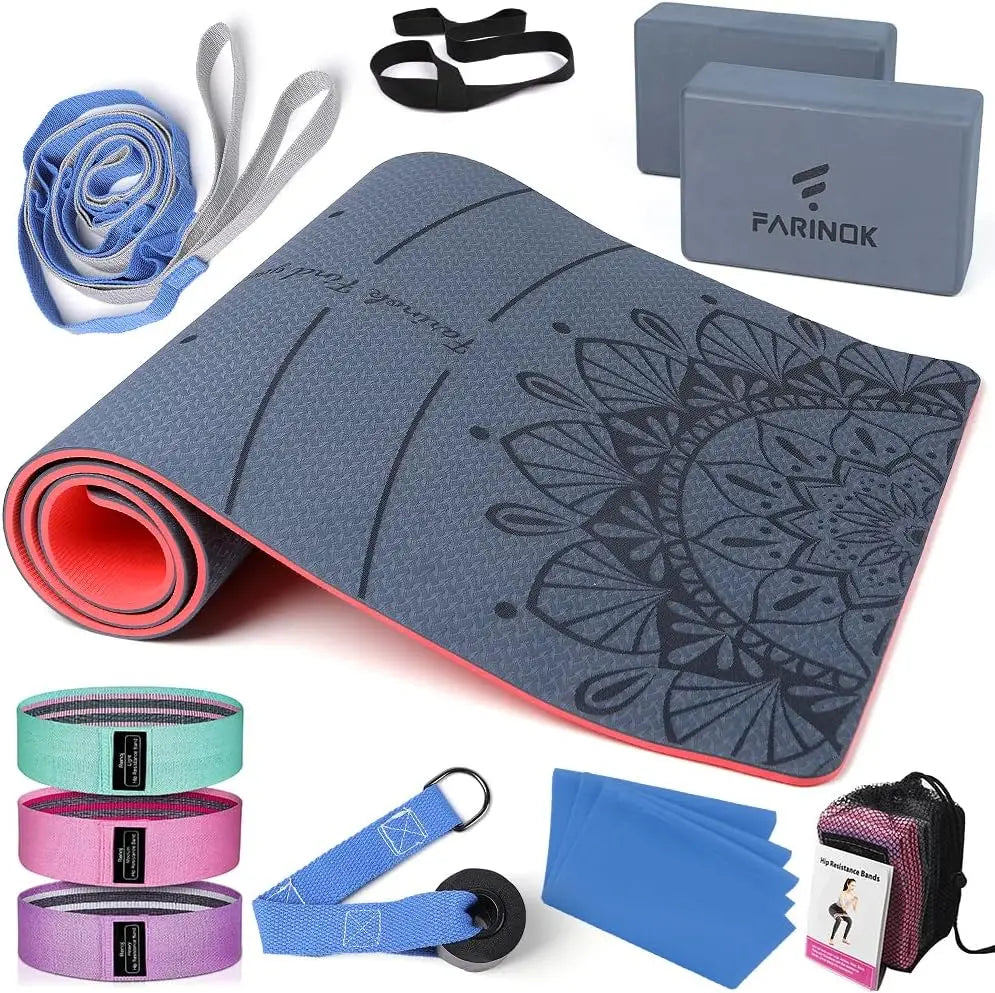 Thick Yoga Mat Set for Beginners with Strap, Blocks, Resistance Bands & Door Anchor - Non-Slip, High Density